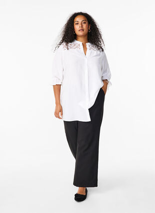 ZizziLang viscose shirt met kanten detail, Bright White, Model image number 2