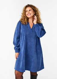 Korte fluwelen jurk met lange mouwen, Sodalite Blue, Model