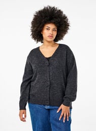 Cardigan court en tricot avec boutons en forme de fleurs, Dark Grey Melange, Model