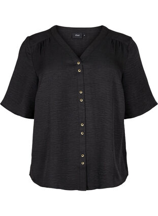 ZizziOverhemd blouse met V-hals en korte mouwen, Black, Packshot image number 0