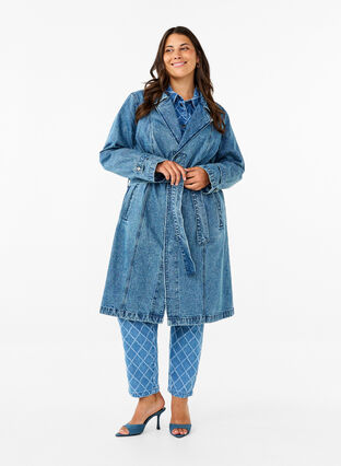 ZizziDenim trenchcoat met riem, Blue Denim, Model image number 1