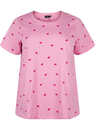 Zizzi T-shirt en coton biologique avec motif de lèvres brodé, Rose Bl. Lips Emb. , Packshot image number 0