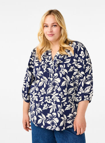 ZizziKatoenen blouse met 3/4 mouwen en print, Naval Academy Flower, Model image number 0