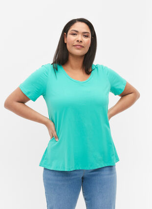 ZizziEffen basic T-shirt van katoen, Aqua Green, Model image number 0