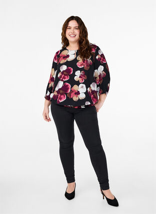 ZizziViscose blouse met print en smok, Black Pink FlowerAOP, Model image number 2