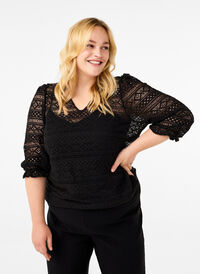 Blouse met gatenpatroon en 3/4 mouwen, Black, Model