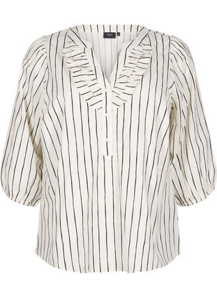 ZizziKatoenen blouse met 3/4 mouwen en print, Eggnog Black Stripe, Packshot image number 0