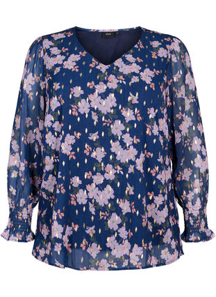 ZizziBloemenblouse met lange mouwen en v-hals, Blue Small Fl. AOP, Packshot image number 0