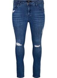 Superslanke Amy jeans met slijtagedetails, Blue Denim, Packshot