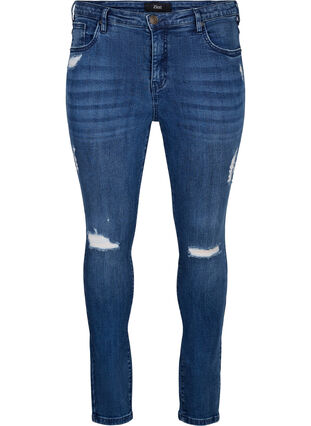 ZizziSuperslanke Amy jeans met slijtagedetails, Blue Denim, Packshot image number 0