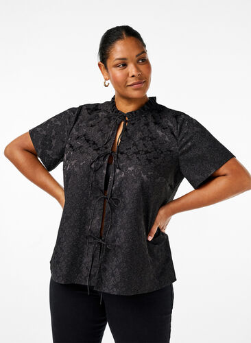 ZizziJacquard blouse met korte mouwen en strikjes, Black, Model image number 0