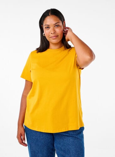 ZizziBasic katoenen T-shirt met ronde hals, Golden Yellow, Model image number 0