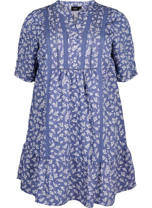 Zizzi Robe courte en viscose avec bordure en dentelle et coupe trapèze évasée., M. Blue Flower AOP, Packshot image number 0