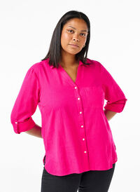 Overhemdblouse met knoopsluiting van katoen-linnenmix, Bright Rose, Model