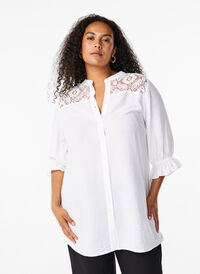 Lang viscose shirt met kanten detail, Bright White, Model