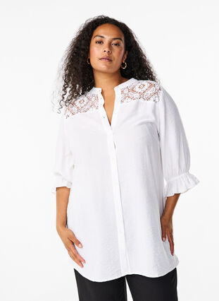 ZizziLang viscose shirt met kanten detail, Bright White, Model image number 0