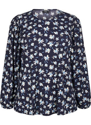 ZizziBlouse met lange mouwen en bloemenprint, Night Sky AOP, Packshot image number 0