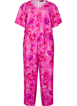 ZizziJumpsuit met bloemenpatroon en mouwen als vleermuisvleugels, Pink Rose AOP, Packshot image number 0