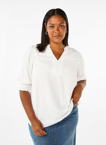 ZizziViscose blouse met smok en ruches, Bright White, Model image number 0