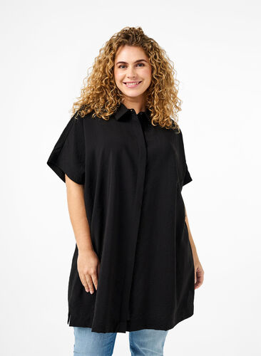 ZizziLang shirt van viscose met korte mouwen, Black, Model image number 0