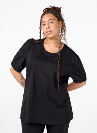 ZizziBiologisch katoenen blouse met broderie anglaise mouwen, Black, Model image number 0