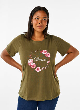 ZizziFLASH - T-shirt met motief, Olive Night Flower, Model image number 0