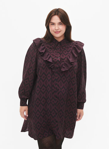 ZizziLange viscose shirt met print en franjes, Winetasting w. Black, Model image number 0