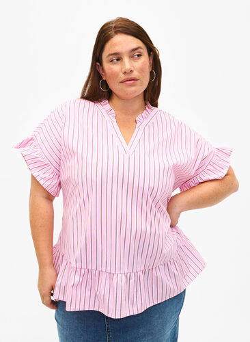 ZizziGestreepte blouse met peplum en ruches, Pink Red Stripe, Model image number 0