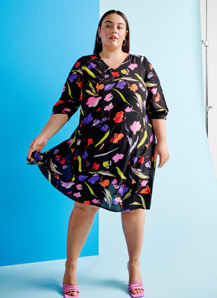 ZizziViscose jurk met print en 3/4 mouwen, Faded Tulip AOP, Image image number 0
