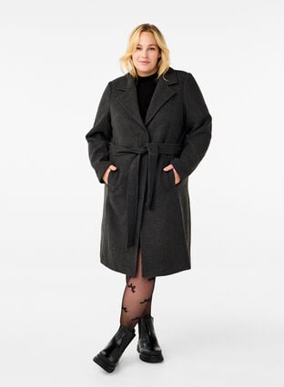 Zizzi Manteau en laine long avec ceinture, Dark Grey Melange, Model image number 2