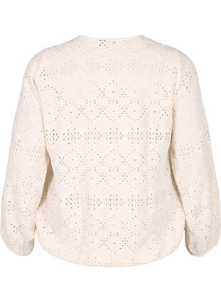 ZizziBlouse met lange mouwen, V-hals en gaatjespatroon, Antique White, Packshot image number 1