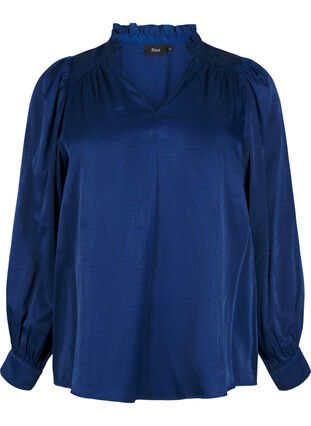 ZizziBlouse met lange mouwen, ruches en V-hals, Estate Blue, Packshot image number 0