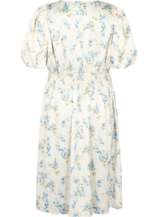 Zizzi Robe en satin floral avec manches bouffantes, Off White Blue Fl., Packshot image number 1