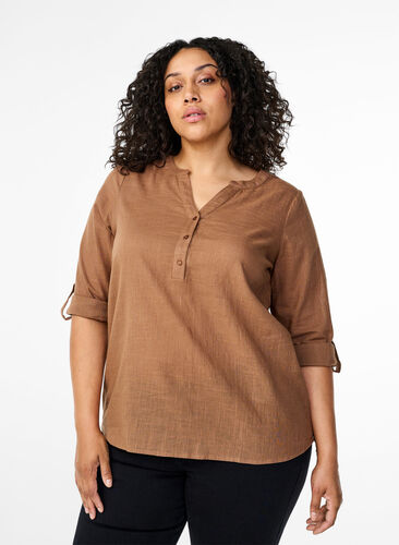 ZizziKatoenen overhemdblouse met V-hals, Coca Mocha, Model image number 0