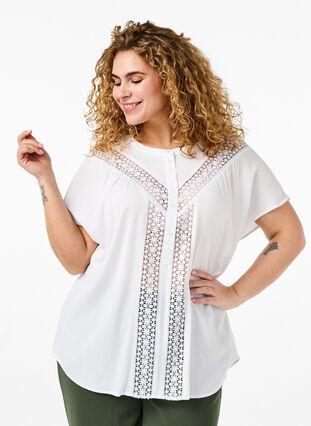 ZizziViscose blouse met kanten afwerking, Bright White, Model image number 0