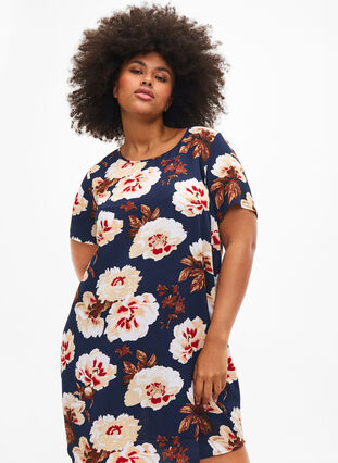 Zizzi Robe à manches courtes avec imprimé, Navy B. Rose AOP, Image image number 1