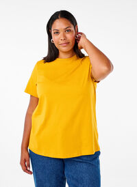 Basic katoenen T-shirt met ronde hals, Golden Yellow, Model