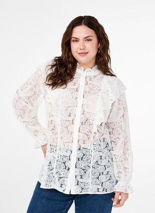 ZizziKanten overhemd-blouse met ruches, Snow White, Model image number 0