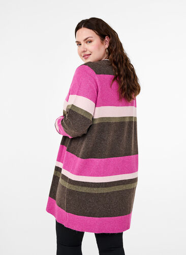 Zizzi Cardigan long en tricot avec rayures larges, Fuchsia Red Mel.Comb, Model image number 1