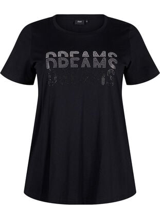 ZizziKatoenen T-shirt met strasmotief, Black w. Dream, Packshot image number 0