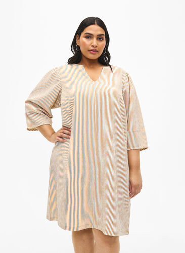 ZizziGestreepte jurk met 3/4 mouwen, Camel Stripe, Model image number 0