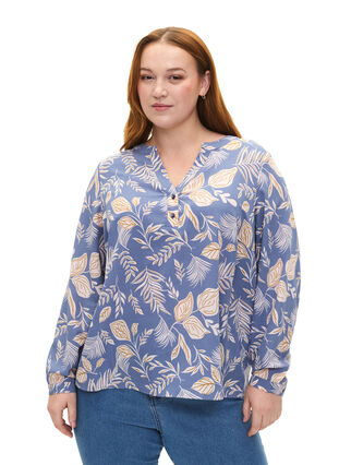 ZizziFLASH - Blouse met lange mouwen en print, Delft AOP, Model image number 0