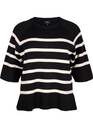 Zizzi Chemisier rayé en tricot à manches 3/4, Black Birch Stripes, Packshot image number 0