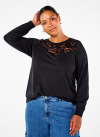 Sweatshirt avec ornements en dentelle, Black, Model