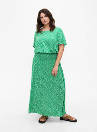 FLASH - Maxi rok in viscose met smokwerk, Bright Green Wh.AOP, Model