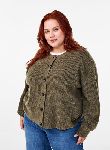 Zizzi Cardigan en tricot côtelé avec boutons, Dusky Green Mel., Model image number 0