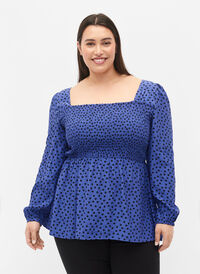 Blouse en viscose à pois avec smock, R.Blue w. Black Dot, Model