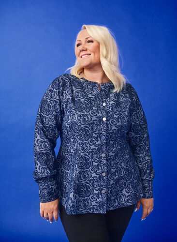 ZizziSpijkerblouse met rozenpatroon, Denim Rose AOP, Model image number 0