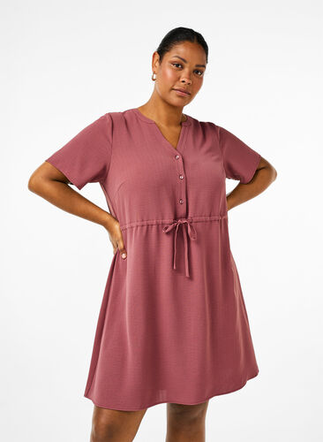 ZizziJurk met korte mouwen en strik in de taille, Rose Brown, Model image number 0