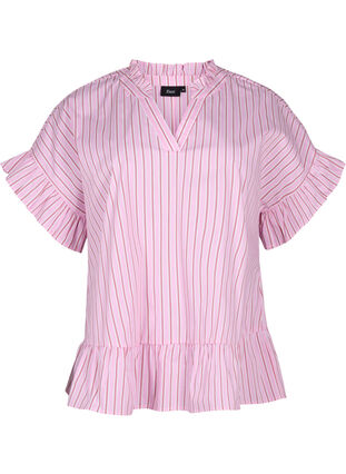 ZizziGestreepte blouse met peplum en ruches, Pink Red Stripe, Packshot image number 0